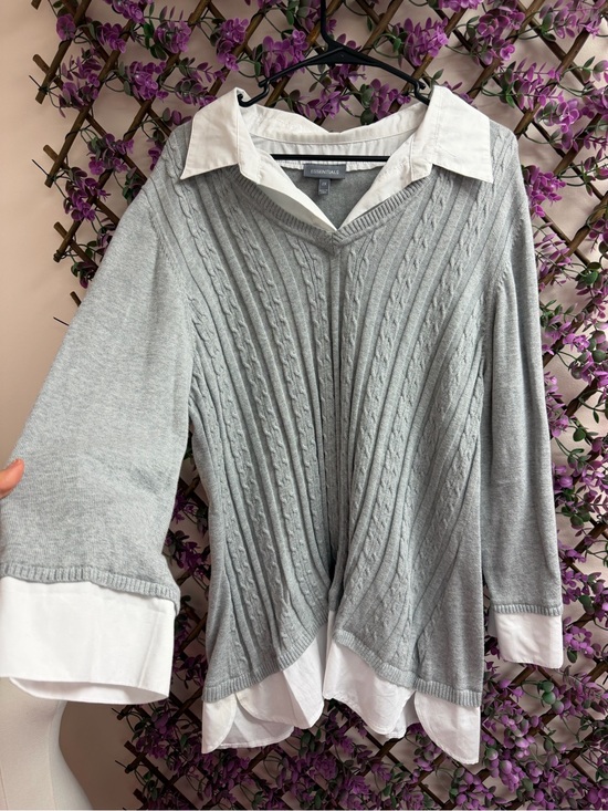 Essentials Tops - Essentials Light Gray V-Neck Cable-Knit Sweater with White Shirt Trim